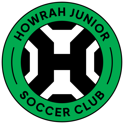 Soccer ball featuring stylised H shape surrounded by a green circle with the words: Howrah Junior Soccer Club